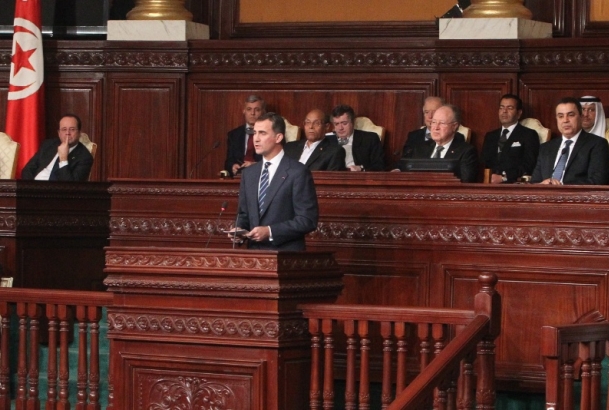 Su Alteza Real el Príncipe de Asturias durante su intervención en la ceremonia de celebración de la adopción de la nueva Constitución en Túnez 